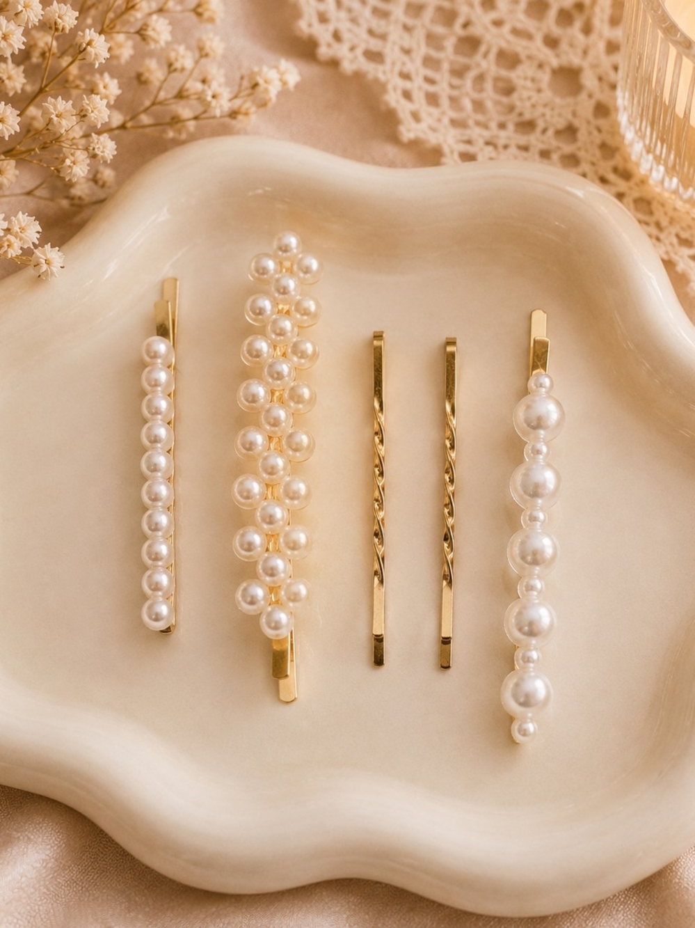 Pearl Accent Gold Hair Pins - Set of 5 New